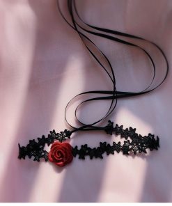 Sexy Lace Choker Collar for Women, Gothic Long Woven Red Rose Necklace, Dark Style Fashion Accessory