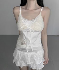 Sexy Lace Spliced Irregular Strap Vest Top - Versatile Fake Two-Piece Design for Y2K Style Fashion