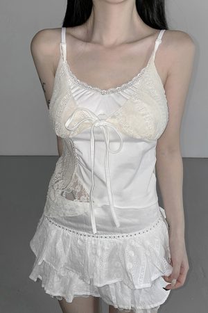 Sexy Lace Spliced Irregular Strap Vest Top - Versatile Fake Two-Piece Design for Y2K Style Fashion