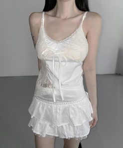 Sexy Lace Spliced Irregular Strap Vest Top - Versatile Fake Two-Piece Design for Y2K Style Fashion