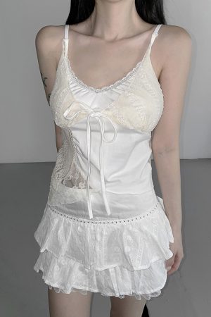 Sexy Lace Spliced Irregular Strap Vest Top - Versatile Fake Two-Piece Design for Y2K Style Fashion