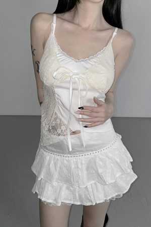 Sexy Lace Spliced Irregular Strap Vest Top - Versatile Fake Two-Piece Design for Y2K Style Fashion