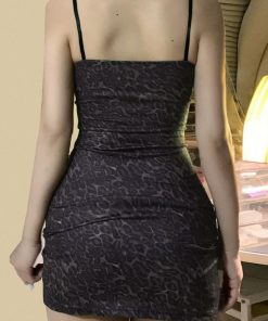 Sexy Lace Spliced Leopard Print Bodycon Dress - Low Neckline, Backless Design, Tight-Fitting Spaghetti Strap Mini Dress for Spring 2025