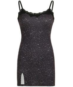 Sexy Lace Spliced Leopard Print Bodycon Dress - Low Neckline, Backless Design, Tight-Fitting Spaghetti Strap Mini Dress for Spring 2025