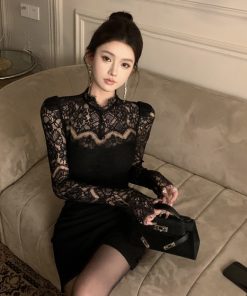 Sexy Lace Splicing Bodycon Dress - Slim Fit, Waist-Cinching, Faux Two-Piece Style for Early Autumn Fashion