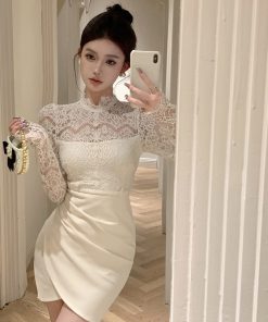 Sexy Lace Splicing Bodycon Dress - Slim Fit, Waist-Cinching, Faux Two-Piece Style for Early Autumn Fashion