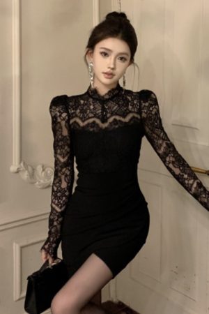 Sexy Lace Splicing Bodycon Dress - Slim Fit, Waist-Cinching, Faux Two-Piece Style for Early Autumn Fashion