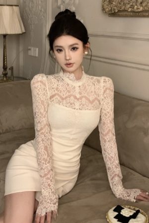 Sexy Lace Splicing Bodycon Dress - Slim Fit, Waist-Cinching, Faux Two-Piece Style for Early Autumn Fashion