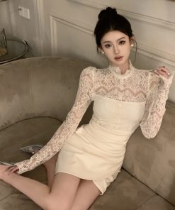 Sexy Lace Splicing Bodycon Dress - Slim Fit, Waist-Cinching, Faux Two-Piece Style for Early Autumn Fashion
