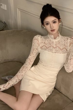 Sexy Lace Splicing Bodycon Dress - Slim Fit, Waist-Cinching, Faux Two-Piece Style for Early Autumn Fashion