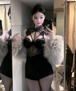 Sexy Lace Splicing Slim-Fit Bodysuit with Binding Design for Young Mothers - Trendy and Elegant Fashion Staple