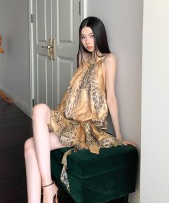 Sexy Leopard Print Halter Neck Dress for Women - Backless Summer Vacation Dress in 90s Style