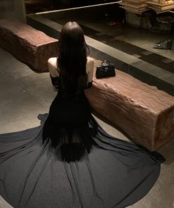 Sexy One-Shoulder Black Strapless Long Dress with French Ruffles and High Slit - Elegant Evening Gown for Women, Y2K Style