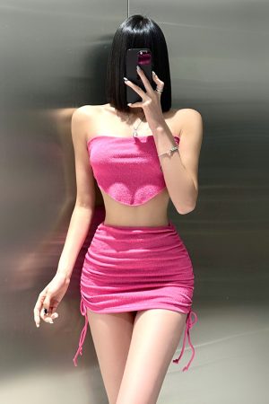 Sexy Rose Red Strapless Bikini Set for Women - Three-Piece Swimsuit with Chest Gathering for Beach Vacation, Y2K Style