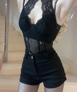 Sexy Sheer Lace Hollow Out Camisole Bodysuit for Women - Slimming Stretch Inner Wear in European and American Style