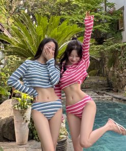 Sexy Slim-Fit Striped Long Sleeve Cover-Up Bikini Three-Piece Set for Women's Swimwear - Perfect for Hot Springs & Beach Days