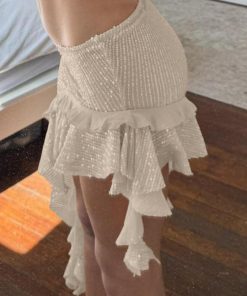 Sexy Spring Summer Long Dress for Women - Sequined Mesh Ruffled Irregular Hem Skirt - Trendy Vacation Style