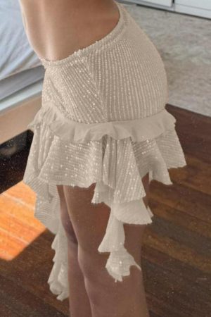 Sexy Spring Summer Long Dress for Women - Sequined Mesh Ruffled Irregular Hem Skirt - Trendy Vacation Style