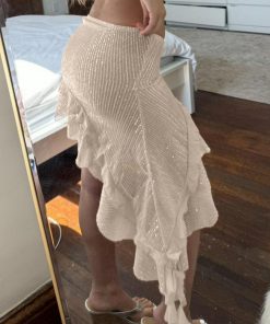 Sexy Spring Summer Long Dress for Women - Sequined Mesh Ruffled Irregular Hem Skirt - Trendy Vacation Style