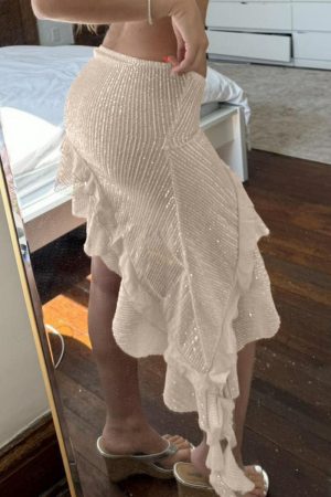 Sexy Spring Summer Long Dress for Women - Sequined Mesh Ruffled Irregular Hem Skirt - Trendy Vacation Style