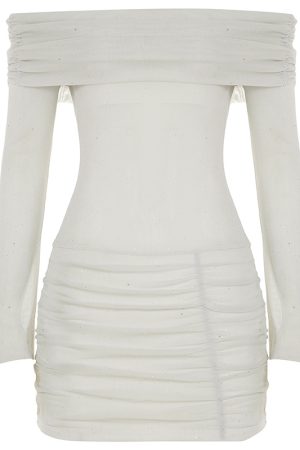 Sexy Strapless Off-the-Shoulder Ruched Bodycon Mini Dress with Sparkle - European and American Style Women's Fashion