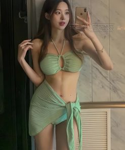 Sexy Three-Piece Bikini Set with Sheer Skirt, Halter Neck Strapless Design, European American Style, Perfect for Vacation Beach Wear