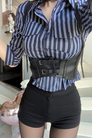 Sexy Waist-Cinching Vertical Stripe Shirt with 7-Point Sleeves and PU Vest Set - European and American Style