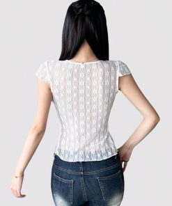 Sexy White Sheer Lace Tie Cardigan - Vintage Slim Fit Short Sleeve T-Shirt Top for Summer 2025, Y2K Fashion