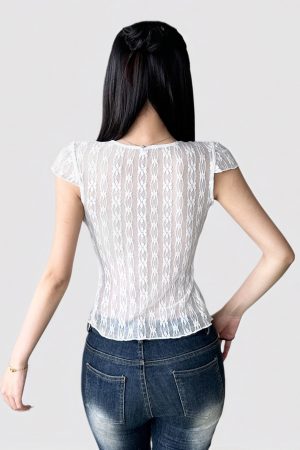 Sexy White Sheer Lace Tie Cardigan - Vintage Slim Fit Short Sleeve T-Shirt Top for Summer 2025, Y2K Fashion