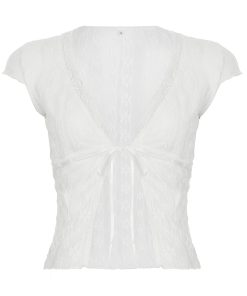Sexy White Sheer Lace Tie Cardigan - Vintage Slim Fit Short Sleeve T-Shirt Top for Summer 2025, Y2K Fashion
