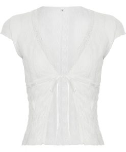 Sexy White Sheer Lace Tie Cardigan - Vintage Slim Fit Short Sleeve T-Shirt Top for Summer 2025, Y2K Fashion