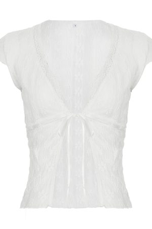 Sexy White Sheer Lace Tie Cardigan - Vintage Slim Fit Short Sleeve T-Shirt Top for Summer 2025, Y2K Fashion