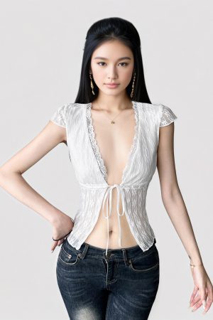 Sexy White Sheer Lace Tie Cardigan - Vintage Slim Fit Short Sleeve T-Shirt Top for Summer 2025, Y2K Fashion