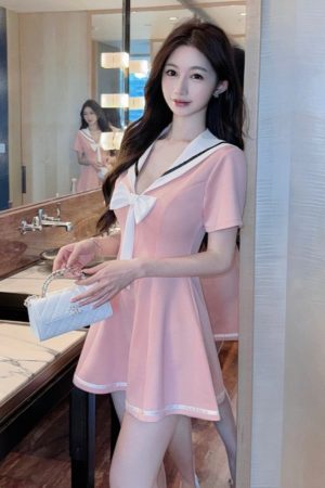 Sexy Women's Nightclub Work Dress with Navy Collar, Waist-Cinching Design, Slimming Short Sleeves - Perfect for Parties and Events