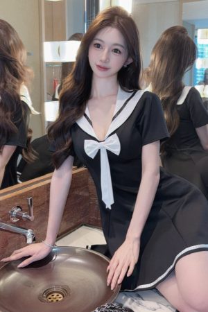 Sexy Women's Nightclub Work Dress with Navy Collar, Waist-Cinching Design, Slimming Short Sleeves - Perfect for Parties and Events