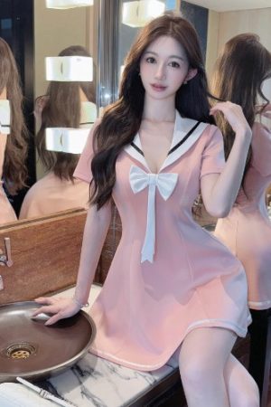 Sexy Women's Nightclub Work Dress with Navy Collar, Waist-Cinching Design, Slimming Short Sleeves - Perfect for Parties and Events