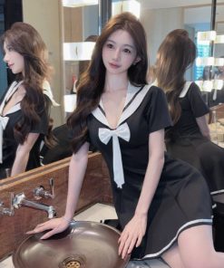 Sexy Women's Nightclub Work Dress with Navy Collar, Waist-Cinching Design, Slimming Short Sleeves - Perfect for Parties and Events