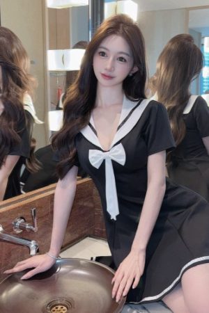 Sexy Women's Nightclub Work Dress with Navy Collar, Waist-Cinching Design, Slimming Short Sleeves - Perfect for Parties and Events