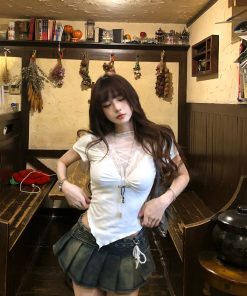 Sexy Women's Short Sleeve Lace Mesh T-Shirt - Summer Slimming White Top, 90s Inspired Fashion, Perfect for Trendy Outfits