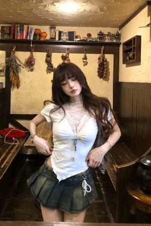 Sexy Women's Short Sleeve Lace Mesh T-Shirt - Summer Slimming White Top, 90s Inspired Fashion, Perfect for Trendy Outfits