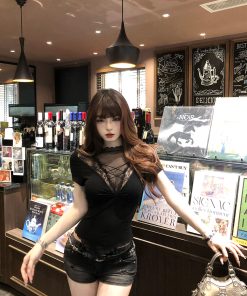 Sexy Women's Short Sleeve Lace Mesh T-Shirt - Summer Slimming White Top, 90s Inspired Fashion, Perfect for Trendy Outfits