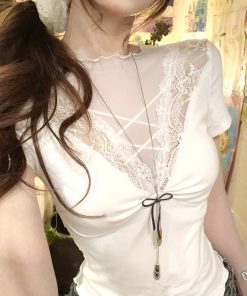 Sexy Women's Short Sleeve Lace Mesh T-Shirt - Summer Slimming White Top, 90s Inspired Fashion, Perfect for Trendy Outfits