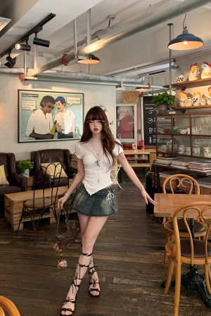 Sexy Women's Short Sleeve Lace Mesh T-Shirt - Summer Slimming White Top, 90s Inspired Fashion, Perfect for Trendy Outfits