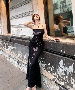 Sheer Butterfly Print Mesh Backless Camisole Dress for Women - Slim Fit Summer Style