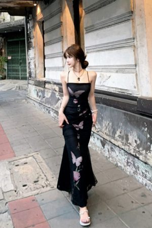 Sheer Butterfly Print Mesh Backless Camisole Dress for Women - Slim Fit Summer Style