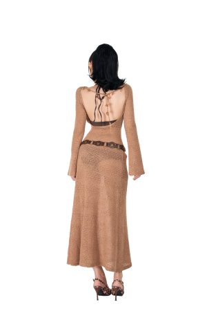 Sheer Hollow-Out Backless Fitted Dress - Spring Design, American TV Series Inspired, Long Dress for Women