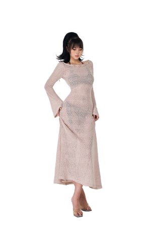 Sheer Hollow-Out Backless Fitted Dress - Spring Design, American TV Series Inspired, Long Dress for Women