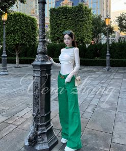 Sheer Long Sleeve T-Shirt Top for Women - Supermodel Style Casual Summer Outfit with Wind Detail and Long Pants