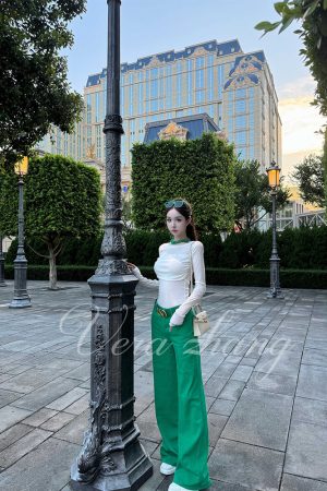 Sheer Long Sleeve T-Shirt Top for Women - Supermodel Style Casual Summer Outfit with Wind Detail and Long Pants