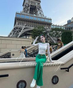 Sheer Long Sleeve T-Shirt Top for Women - Supermodel Style Casual Summer Outfit with Wind Detail and Long Pants